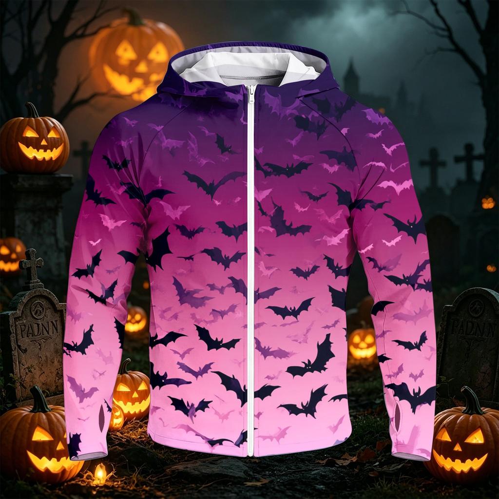 Men's Casual Raglan Hooded Long Sleeve Sun Jacket with Halloween Print