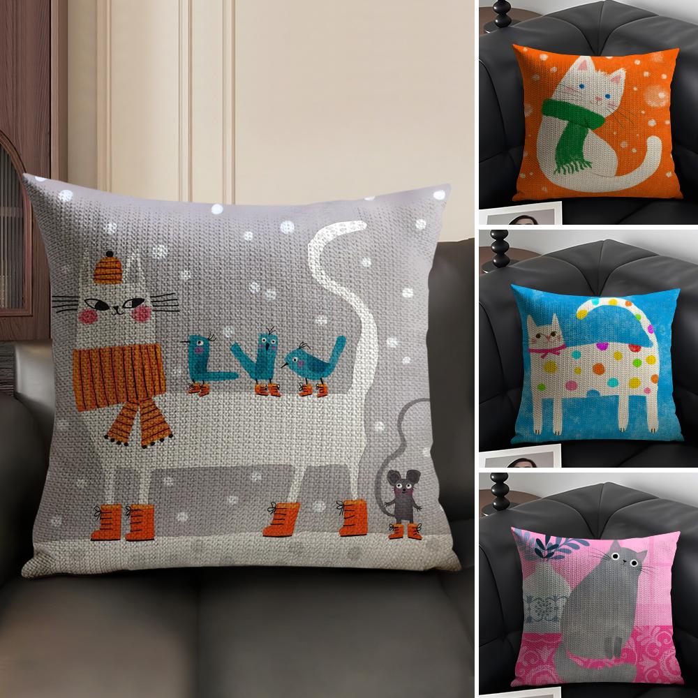 Cat Cute Cushion Cover Natural Linen Organic Fabric DoubleSided Printing Sofa Home Decor Gift Pillow Case