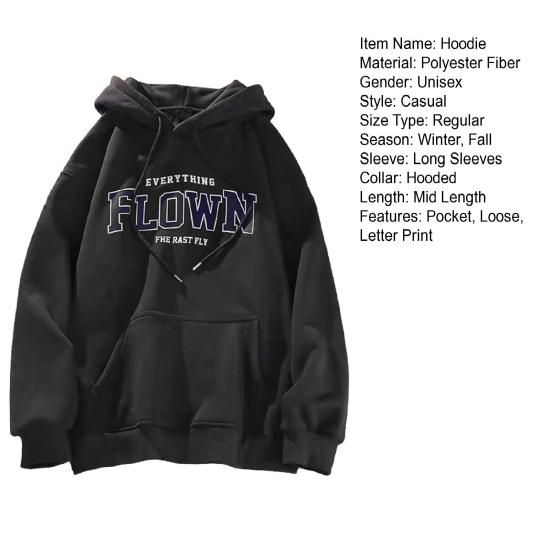 Unisex Fall Spring Hoodie Letter Print Hooded Long Sleeves Elastic Cuff Big Pocket Mid Length Solid Color Daily Wear Casual Couple Top
