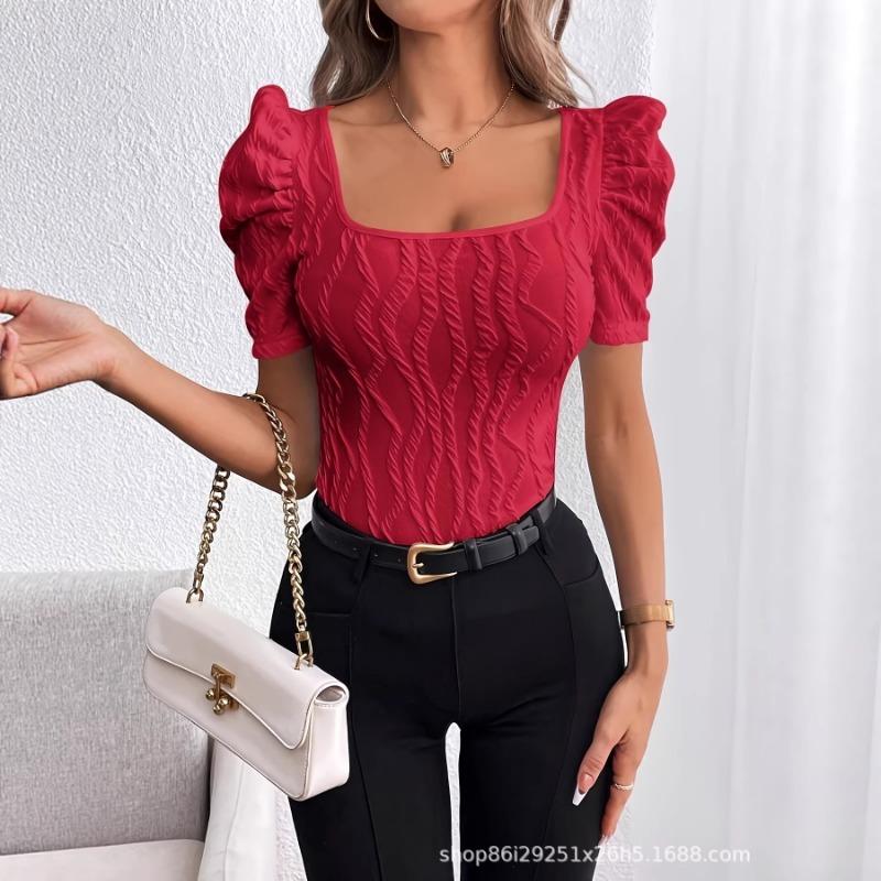 Blusa casual da donna estiva, scollo quadrato, maniche corte a sbuffo, texture, vestibilità slim