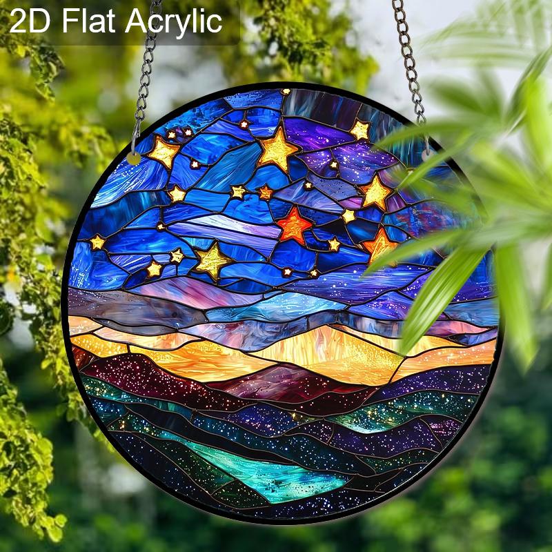 Acrylic Starry Night Sky and Mountains Suncatcher, Stained Glass Style Window Hanging Ornament for Celestial and Landscape Lovers