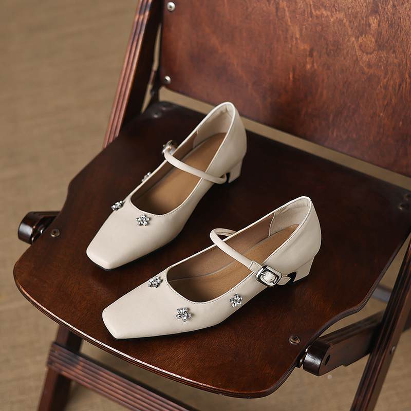 Krazing Pot Microfiber Square Toe Thick Med Heels Spring Summer Shoes Big Size 43 Flowers Decoration Women Office Lady Pumps