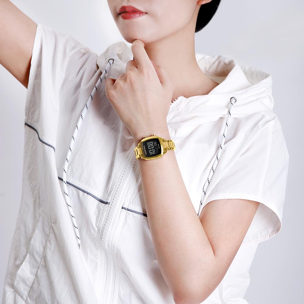 NAVIFORCE Women Digital Waterproof Watch Casual Sport Multifunction Stopwatch Gold Square Luminous Date Dial Stainless Steel Strap NF5047