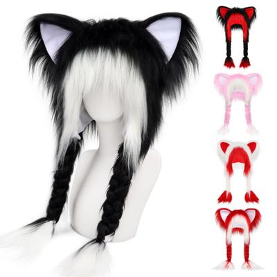 Cappello con Orecchie da Gatto e Treccine Orecchie a Doppio Strato Decorate Morbido Peluche Cappello Cosplay Anime Accessorio per Costumi di Halloween Feste Invernali