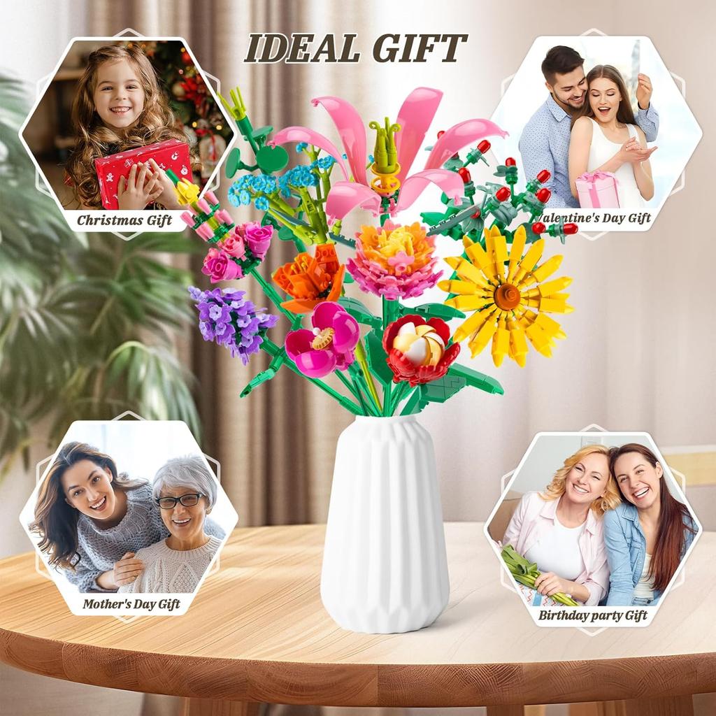 756 PCS Flower Bouquet Building Sets - 11 Kinds of Building Block Flowers, Botanical Collection Crafts Set for Home Office Decoration, Valentines Day