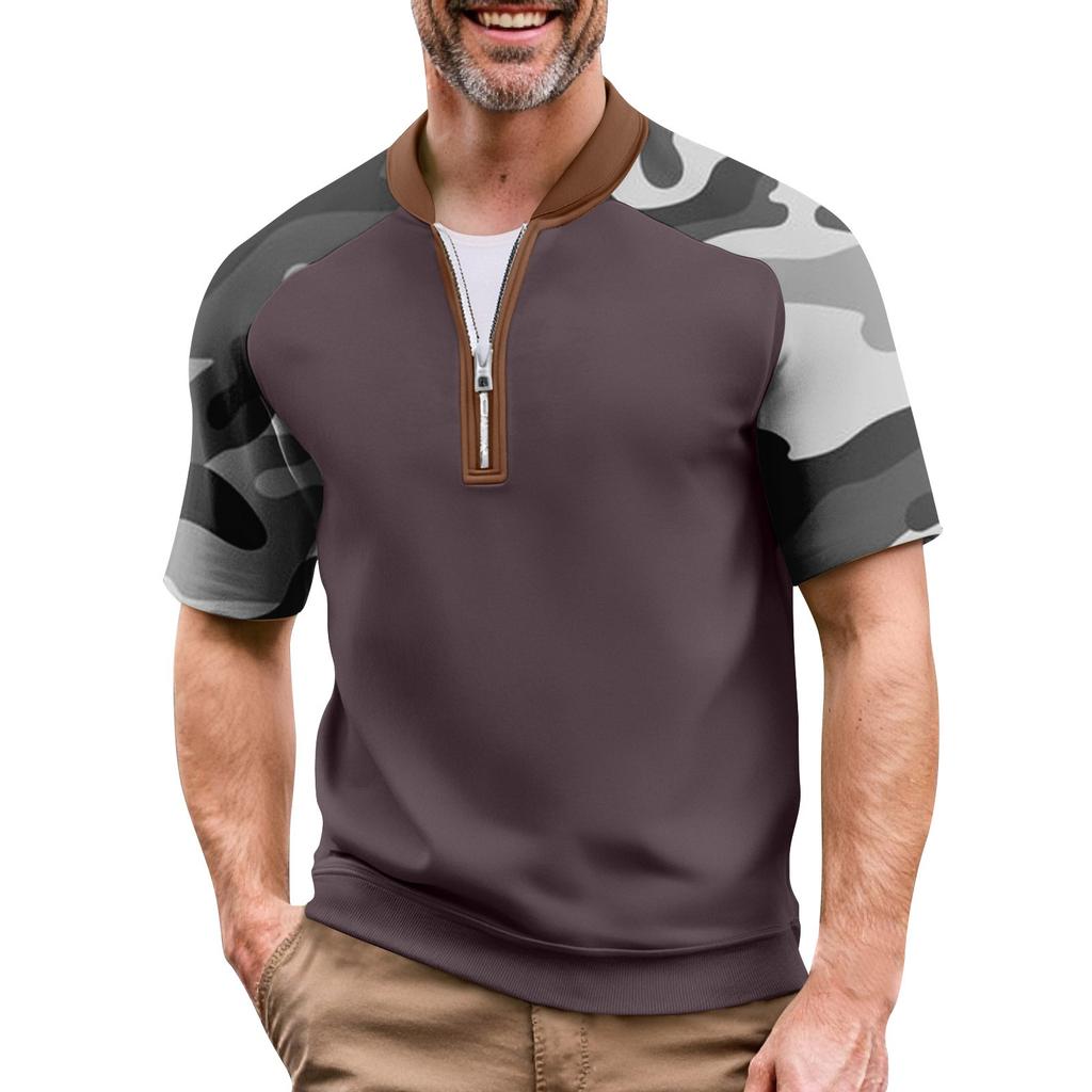 Men's Summer Camouflage Color Casual T-shirt Sports Breathable Zipper Collar Top