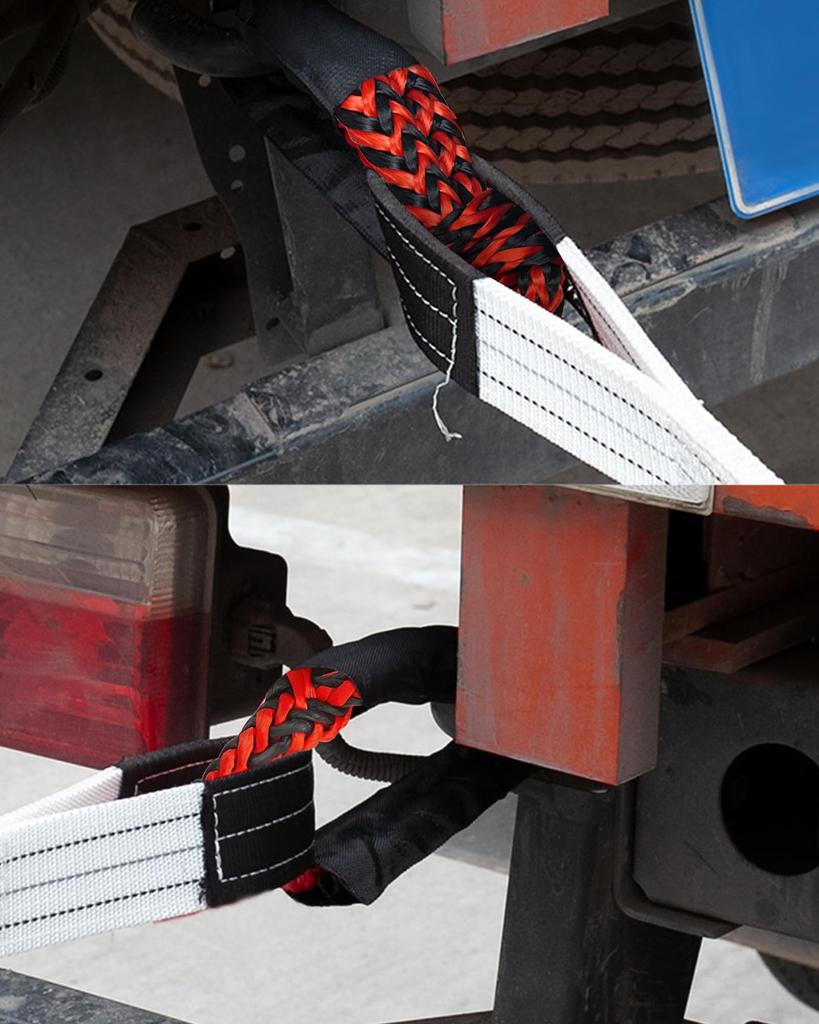 Weiche Schäkel Abschleppseil, Set mit 2 Stück, Synthetisches Auto-Seil, 12mm x 52cm, 17t Bruchfestigkeit, mit Schutzhülle und Aufbewahrungstasche (Schwarz und Rot)