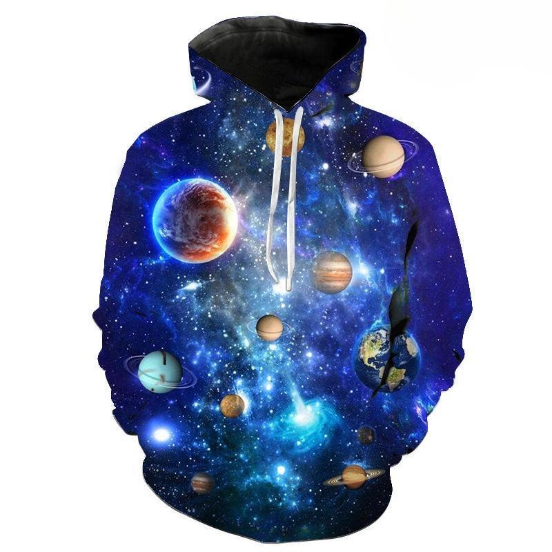 Bright Solar System Galaxy Fleece Hoodie, Men's Thick Warm Autumn Winter Sweatshirt, Colorful Planet Starry Sky Pullover for Dreamy Space Style