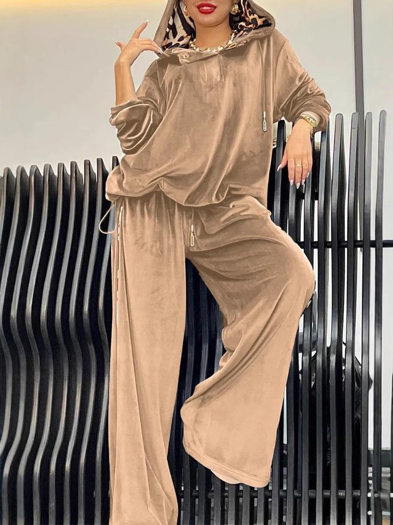 Oversized Casual Two-Piece Leopard Print Hoodie and Pants Set for Women