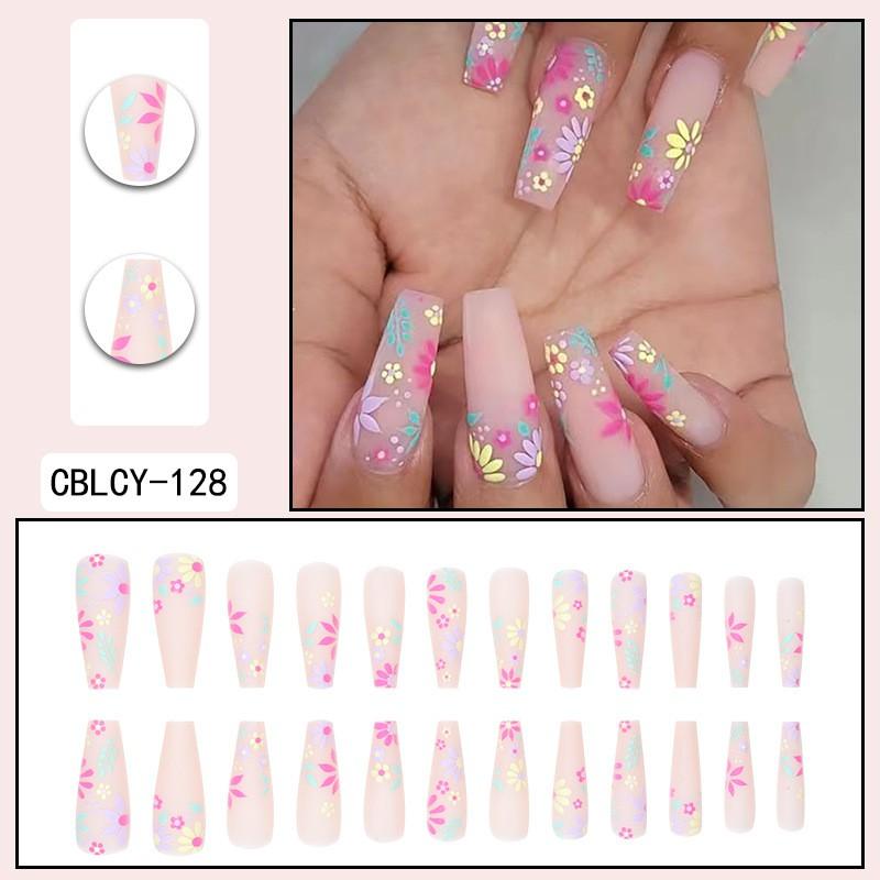 Long Press-On Nails With Adhesive Tabs Full Cover Fake Women INS Style Acrylic Nail Tips Reusable Wearable Art