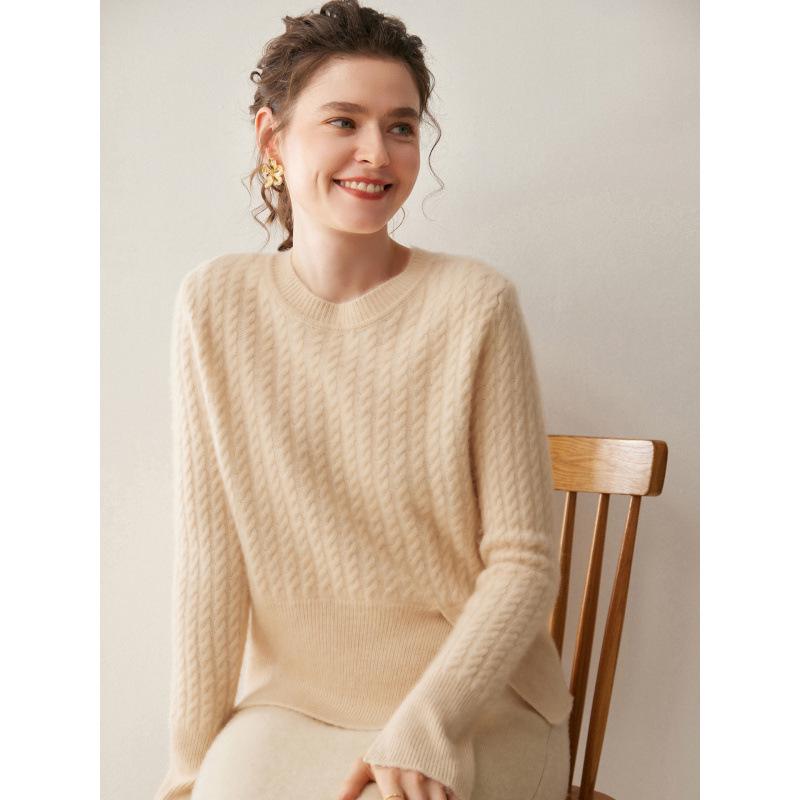 Women's Cashmere Round Neck Cable Knit Sweater - Thick, Loose Cuffs, Slit Design