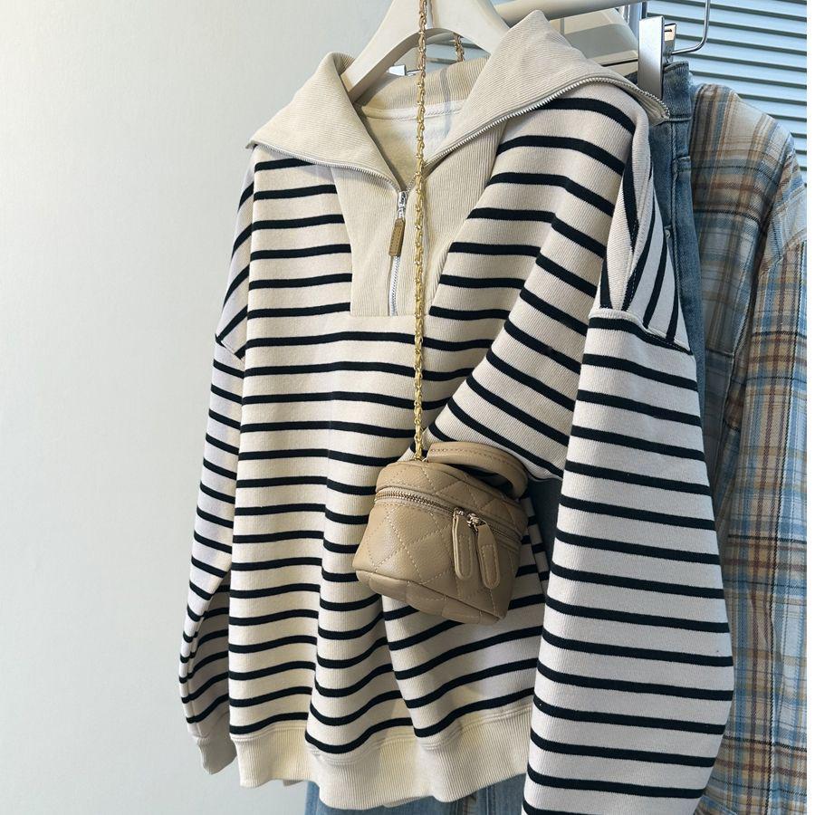 BF Lazy Style Striped Polo Collar Long Sleeve Sweatshirt for Women - Autumn/Winter Fleece Lined Loose Casual Korean Half Zip Top