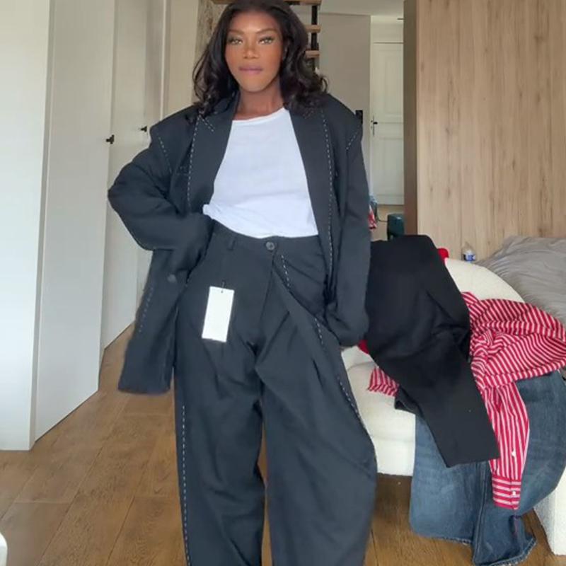 Chic Blazer Pants Women's Set Turn-down Collar Double Breasted Blazers Loose Trousers Female Sets 2025 Autumn Fashion Lady Suit