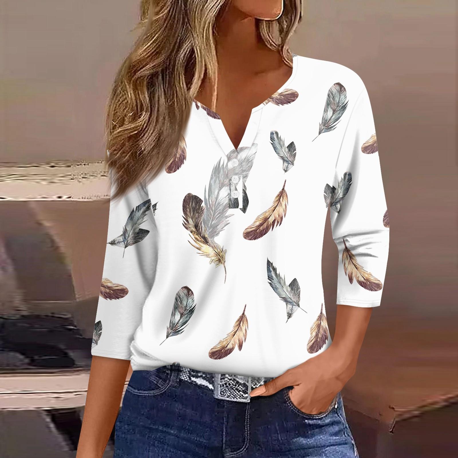 

Жен. Футболка Футболка С принтом Пуговицы Рукав 3/4 Повседневные Выходные Мода Классический Классический V-образный вырез Обычный Верх XXXL