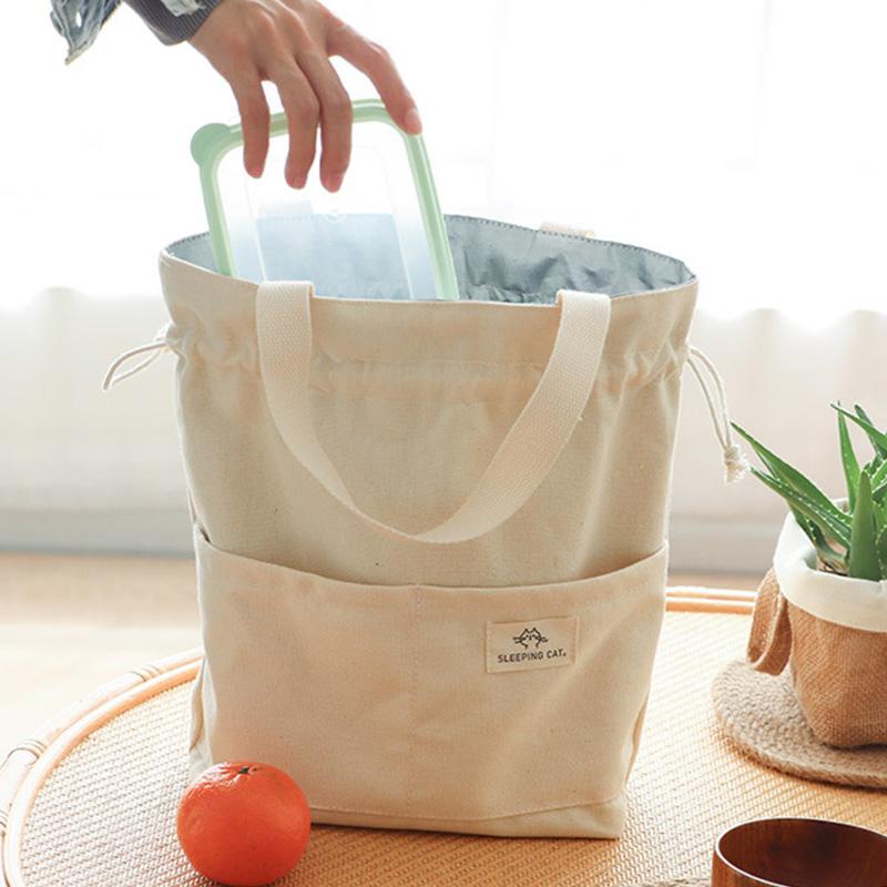1pc Portable Lunch Bag With Drawstring Bento Storage Bag with Pocket Office Students Food Storage Bag Simple Japanese Style