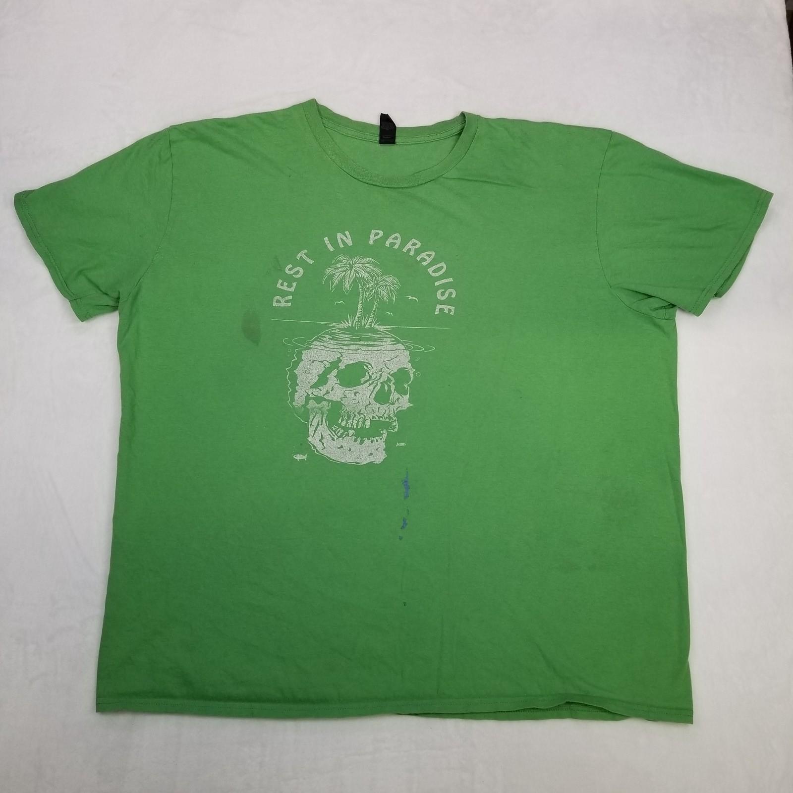 Rest In Paradise Skull Island Graphic Short Sleeve Shirt Men s 2XL Green Casual Unisex T-Shirt S