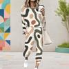 Women Plus Size Abstract Printed Round Neck Long Sleeve Cuffed Top And Pants Two Piece Set With Pockets