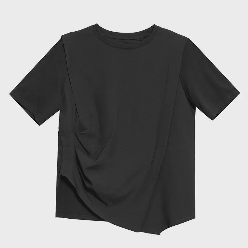 Ciemny Tencel Jedwab Lodowy Asymetryczny Dół Rzymski T-Shirt - Damski Top o Unikalnym Designie