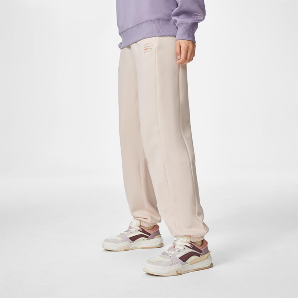 LiNing Wygodne Proste Codzienne Uniwersalne Luźne Ciepłe Polarowe ze Ściągaczami Dzianinowe Spodnie Sportowe Damskie do Noszenia na Dole Białe jak Łabędź AKLU868-9