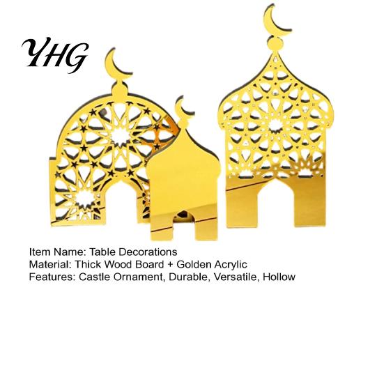 Office Desk Decoration 3PCS Ramadan Golden Castle Ornament, Hollow Mosque Design, Thick Wood And Holiday Party Supplies Acrylic Desktop Accents,