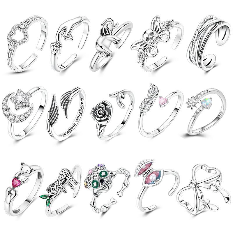 Original 925 Silver Ring Sparking Bear Bow Wing Rose Open Rings for Women Girls Jewelry Birthday Anniversary Engagement Gifts