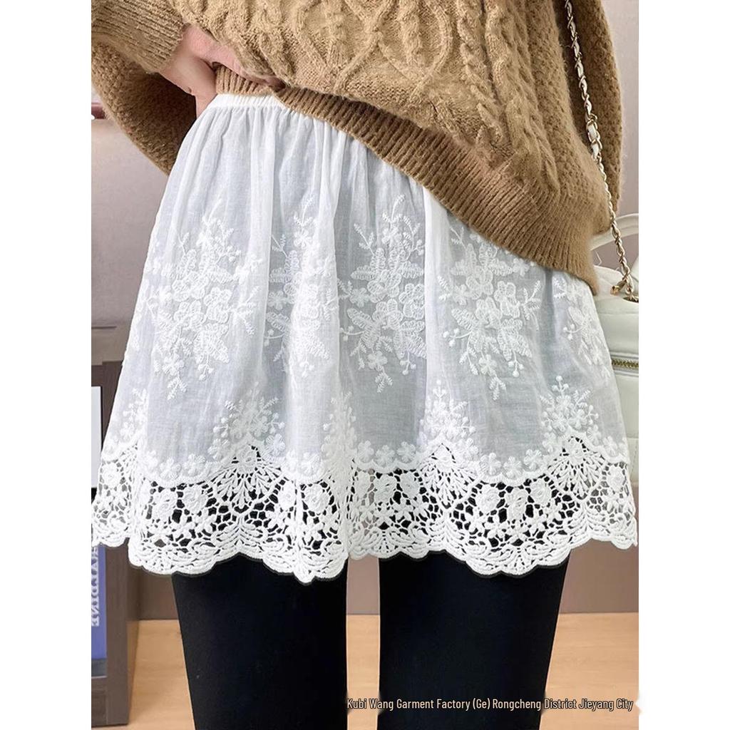 2025 Women's White Cotton Lace Skirt: Autumn/Winter Layered Design with Jeans, Hip-Covering Half-Skirt