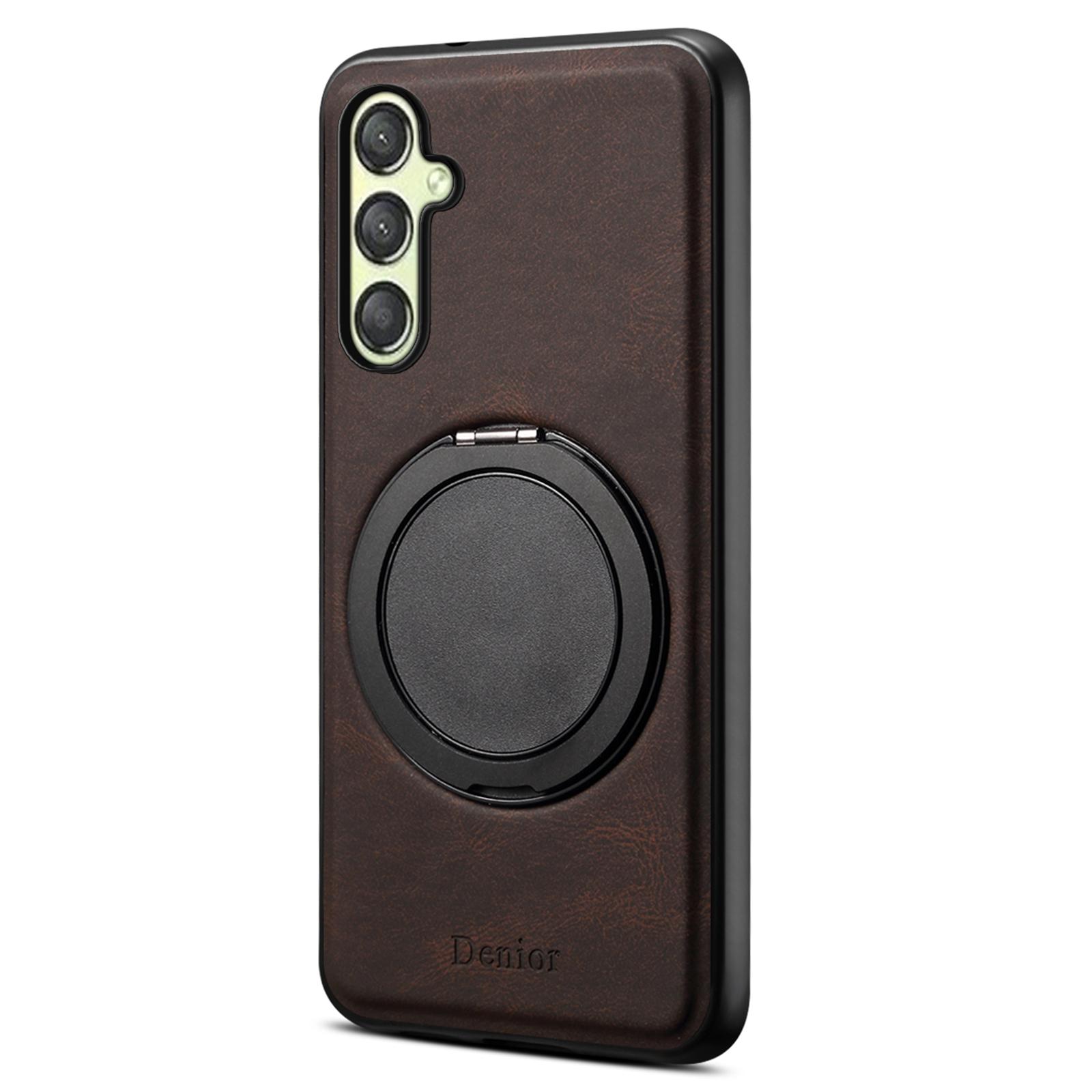 

DENIOR A14 For Samsung Galaxy A25 5G (Global) (161.0 x 76.5 x 8.3mm) Magnetic Case Rotary Kickstand Leather PC TPU Phone Cover Brown