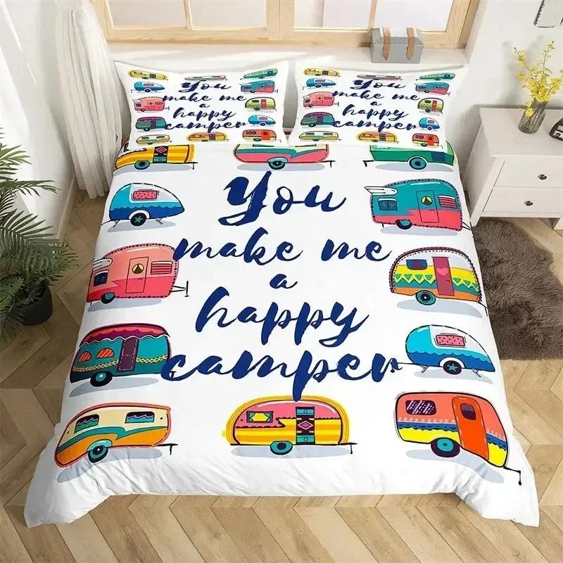 Happy Camping Duvet Cover Queen Cartoon Caravan Camping Bedding Set Farmhouse Style 3D Camper Comforter Cover With Pillowcases02