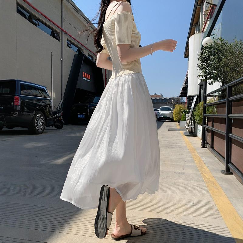 Women's Summer White Luminous Half Skirt High-Waisted A-Line Skirt Drapey Long Tulle Skirt