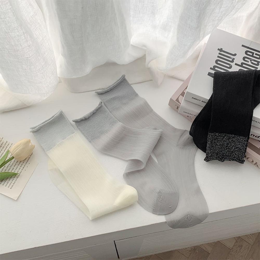 Korean Silver Thread Lolita Stockings Sweet Ties Stacked Socks New Thin Women Socks