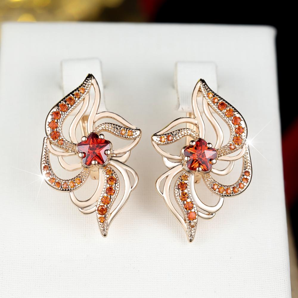 Elegant Red Zircon Plum Blossom Earrings for Women Luxury Gold Color Wedding Accessories Jewelry Gift