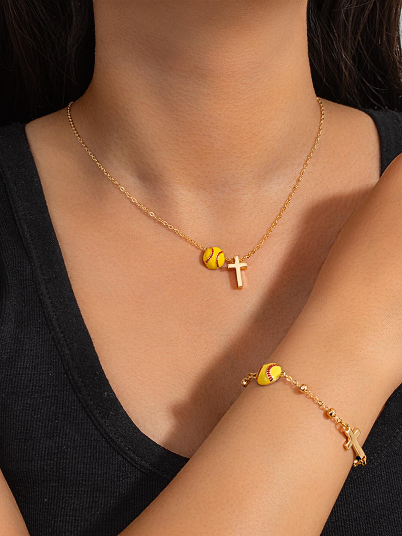 

Fashionable Softball Cross Necklace and Bracelet Set, Niche Design Sports-style Religious Belief Accessories