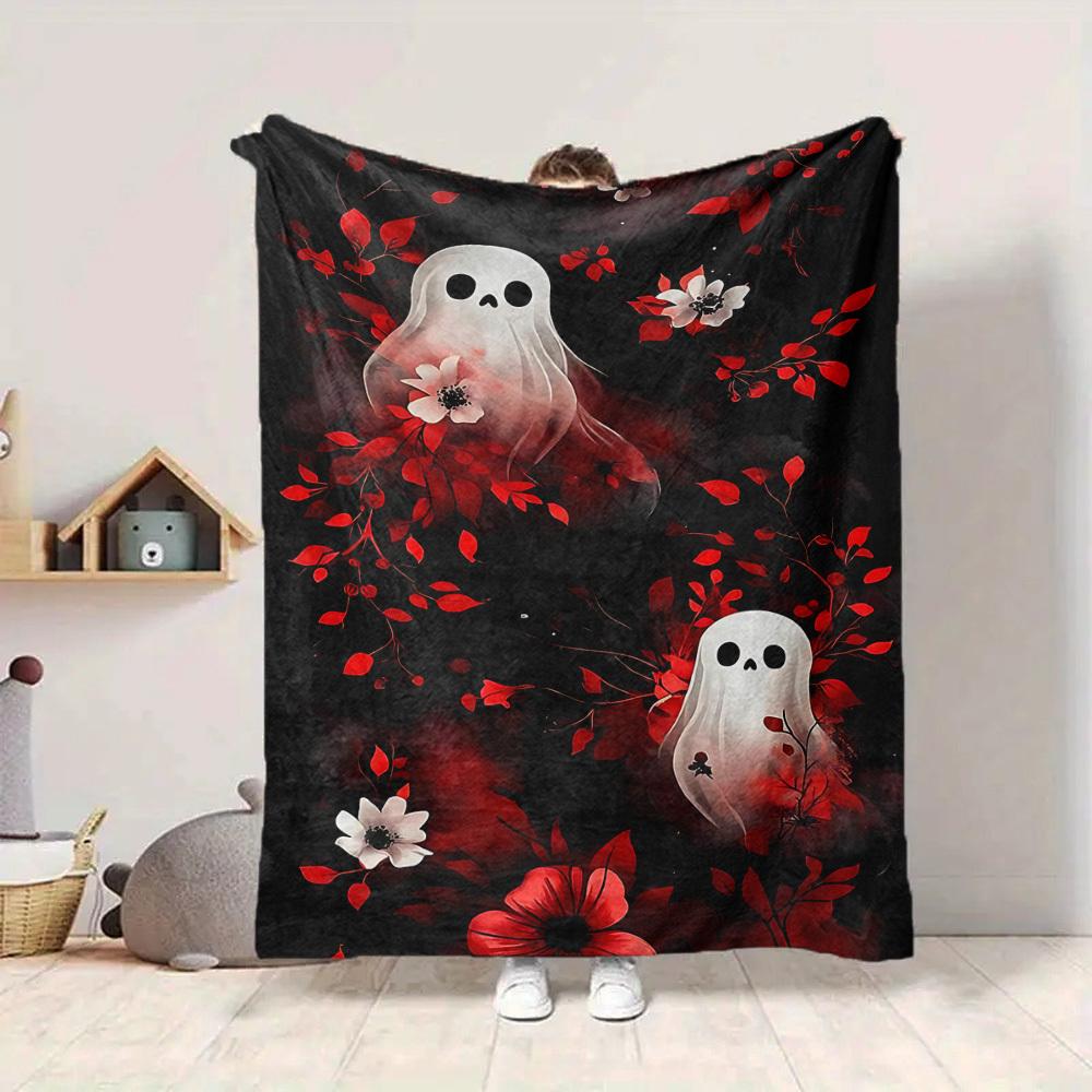 1pc Ghost Floral Blanket, Lightweight Flannel Throw Blanket for Sofa, Bed, Travel, Camping, Living Room, Office, Couch080