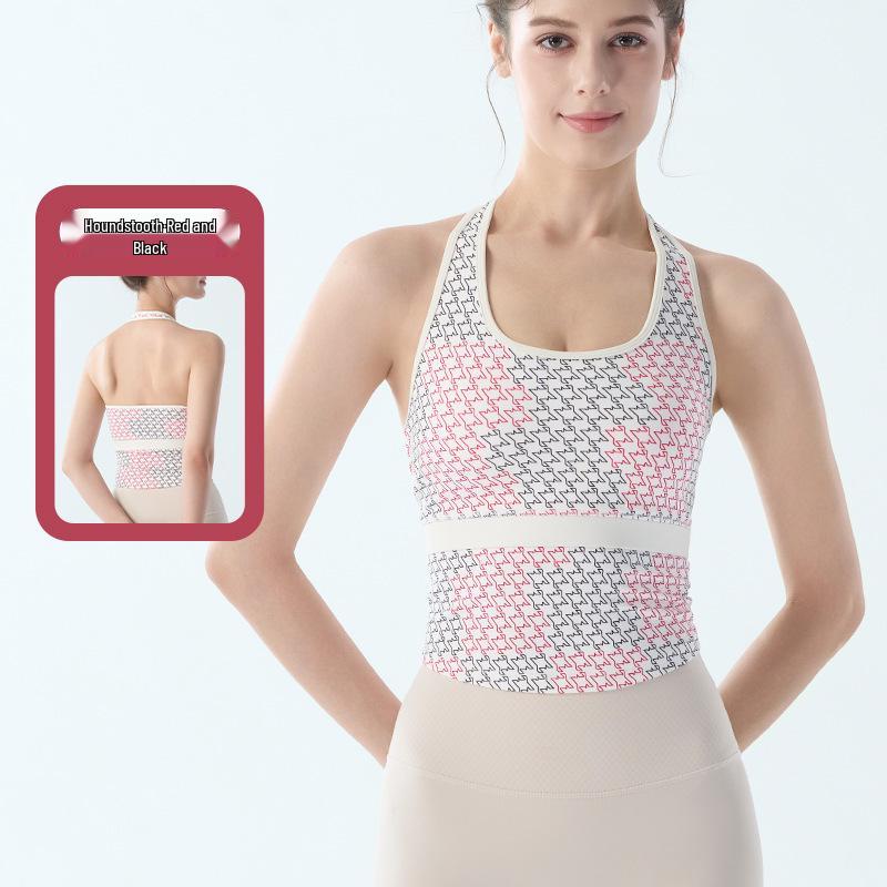 

Women s Houndstooth Backless Halter Sports Bra with Fixed Chest Pad for Yoga and Running Small
