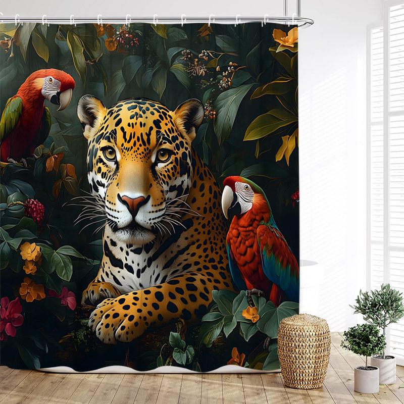 Tropical Jungle Leopard Shower Curtains Wild Animals Floral Green Plants Modern Fabric Home Bathroom Curtain Decor With Hooks