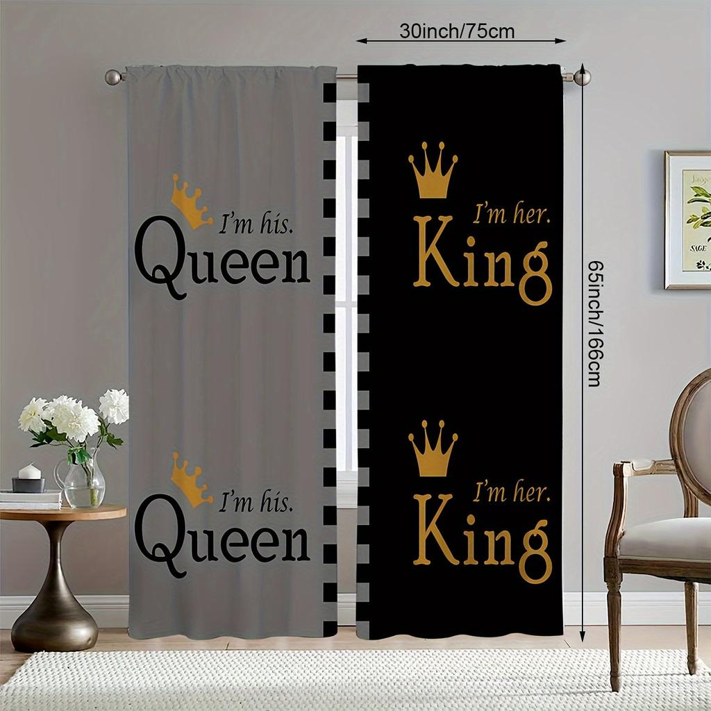 2 st Drottning- & Kungtryckta Gardiner - Grå & Svarta Polyester Kanalgardiner För Sovrum, Kontor & Vardagsrumsinredning