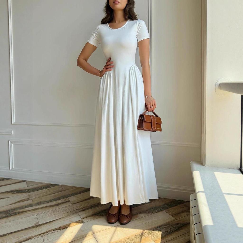 2025 Summer Women's Round Neck Solid Color Short Sleeve Commute Dress