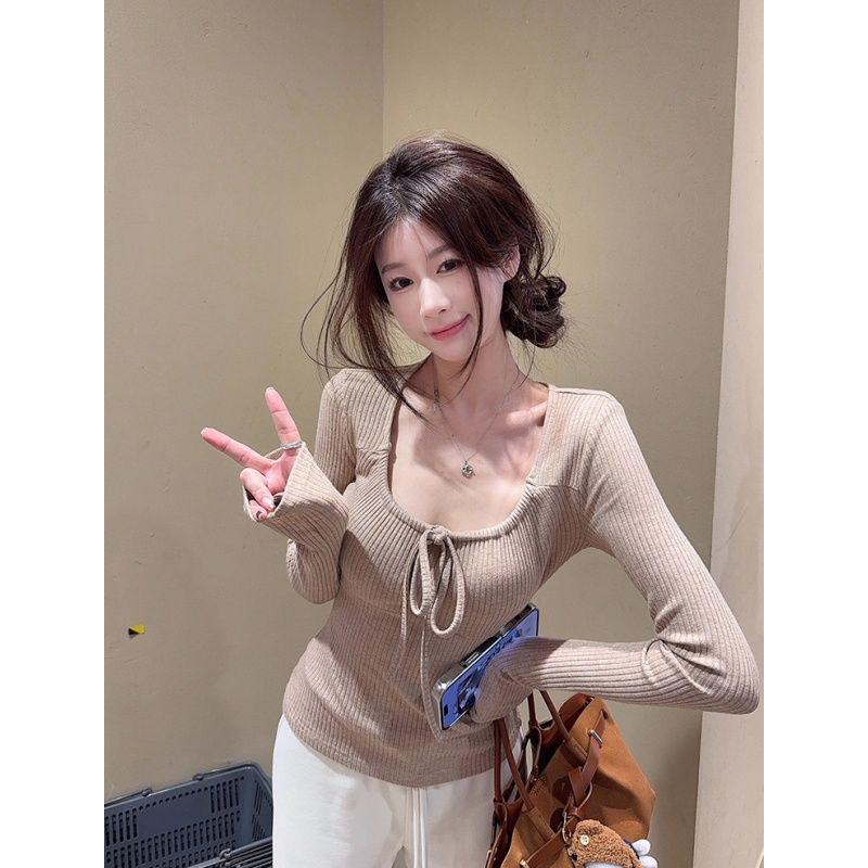 Spicy Girl Lace-up Long Sleeve Slimming Ribbed T-shirt – Autumn/Winter Trendy Top