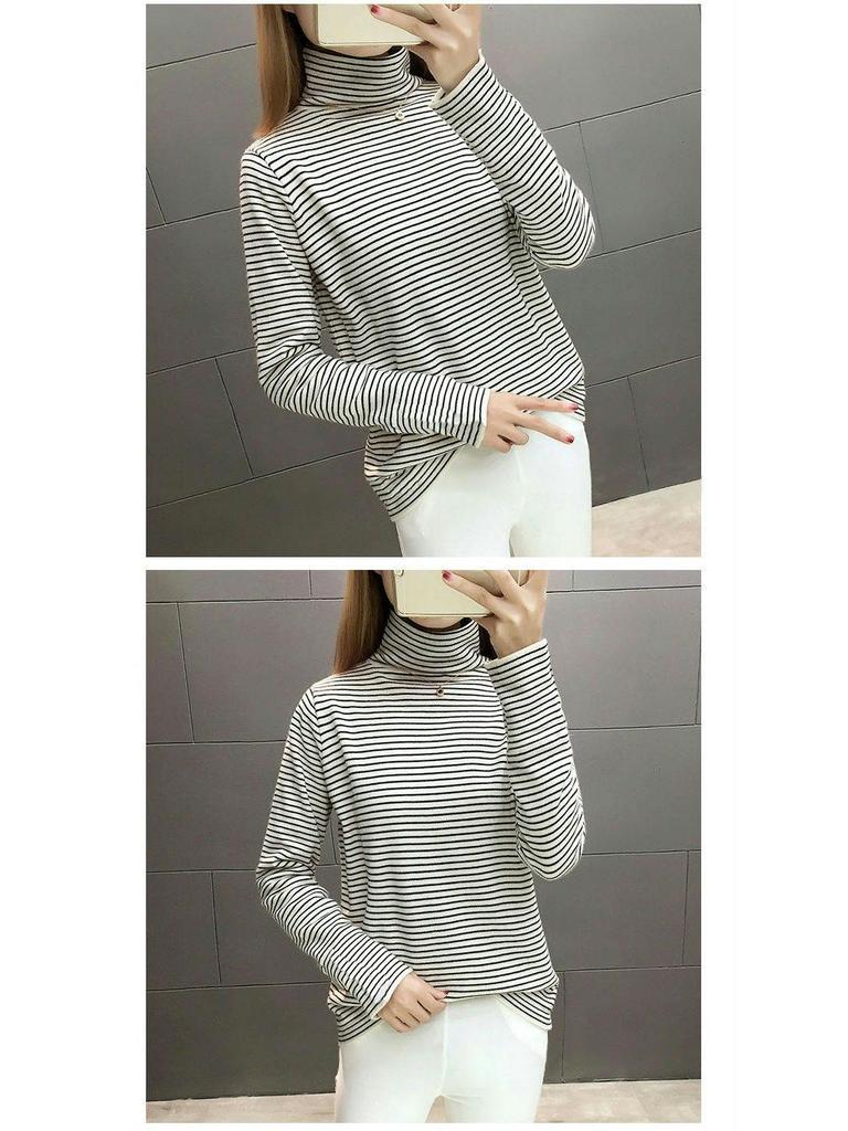 Women's Striped Fleece-Lined High Neck Base Layer Shirt - Long Sleeve Turtleneck Top for Fall/Winter