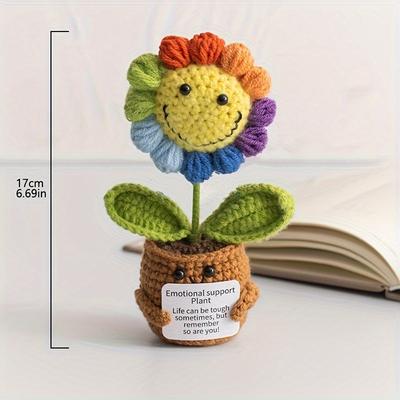 1PC [Maceta de Flor de Simulación de Girasol Totalmente Tejida a Crochet] Maceta Tejida a Mano + Girasol Sonriente Arcoíris Simulación Flor Tejida a Crochet