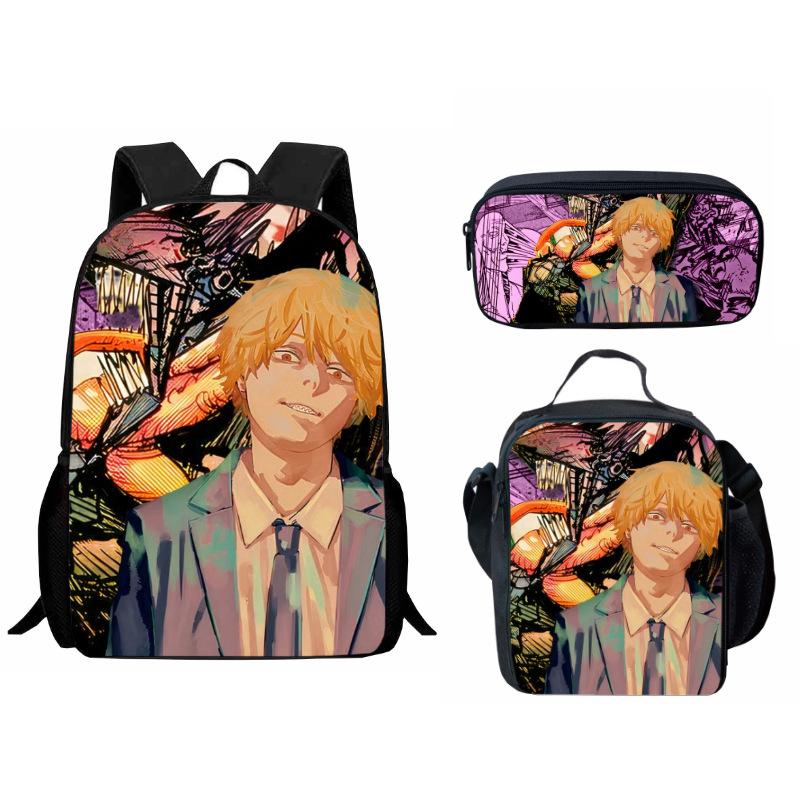 Printed Day Man Two-Dimensional Chainsaw Man Student Schoolbag Three-Piece Cartoon Backpack Lunch Bag