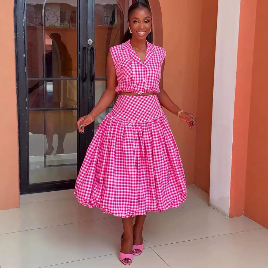 European and American Women's Clothing Fashion Plaid V-neck Sexy Waist Short Top High Waist Bud Long Skirt African Foreign Style Suit