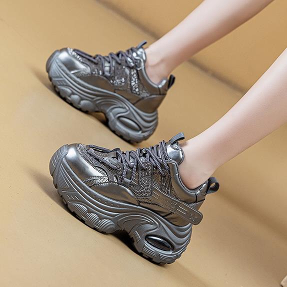9cm Genuine Leather Rhinestone Bling Chunky Sneakers Spring Summer Autumn Breathable Platform Wedge Women Fashion Shoes