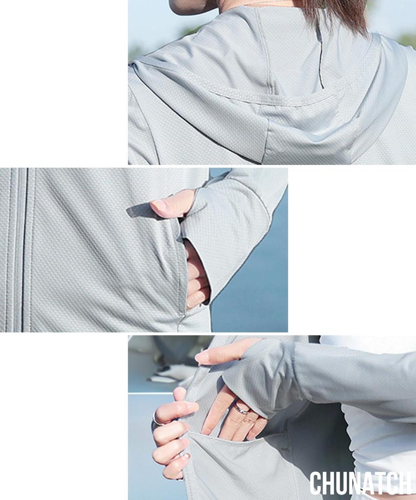 Chunach Lightweight Rash Guard with UV Full Sun and Cooling Features with Thumb Holes for and Perfect for Outdoor and White Women's Protection, Zip,