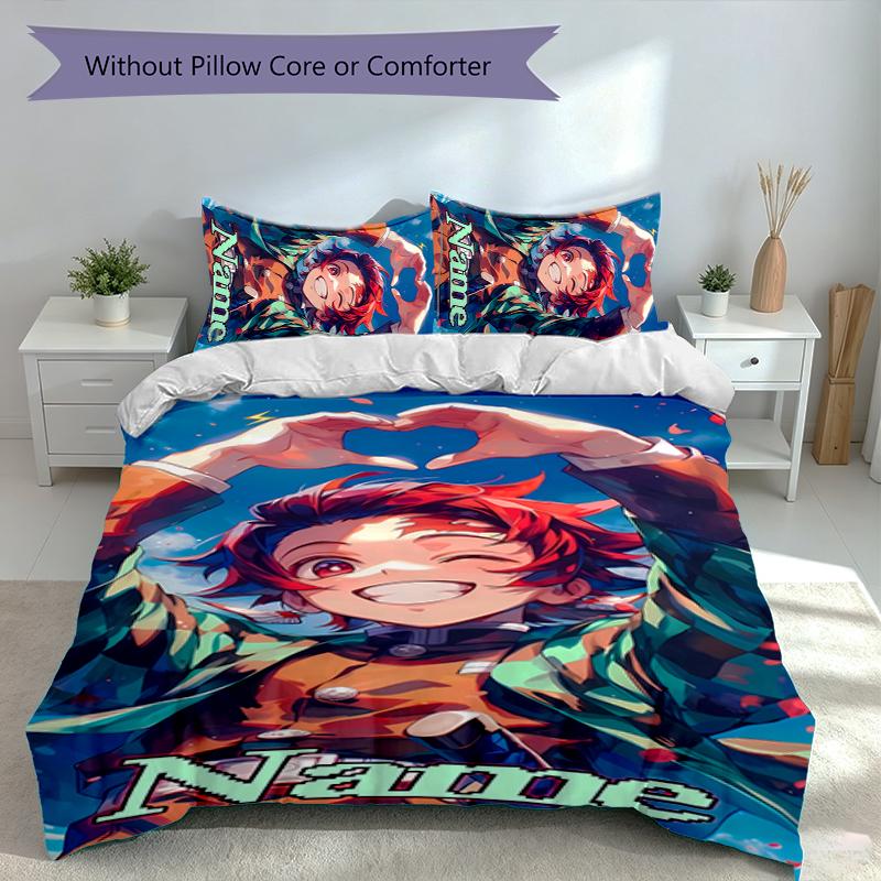 3pcs Custom Name Demon Slayer Tanjiro Set,Includes 1 Duvet Cover and 2 Pillowcases,All-season Bedroom Decor