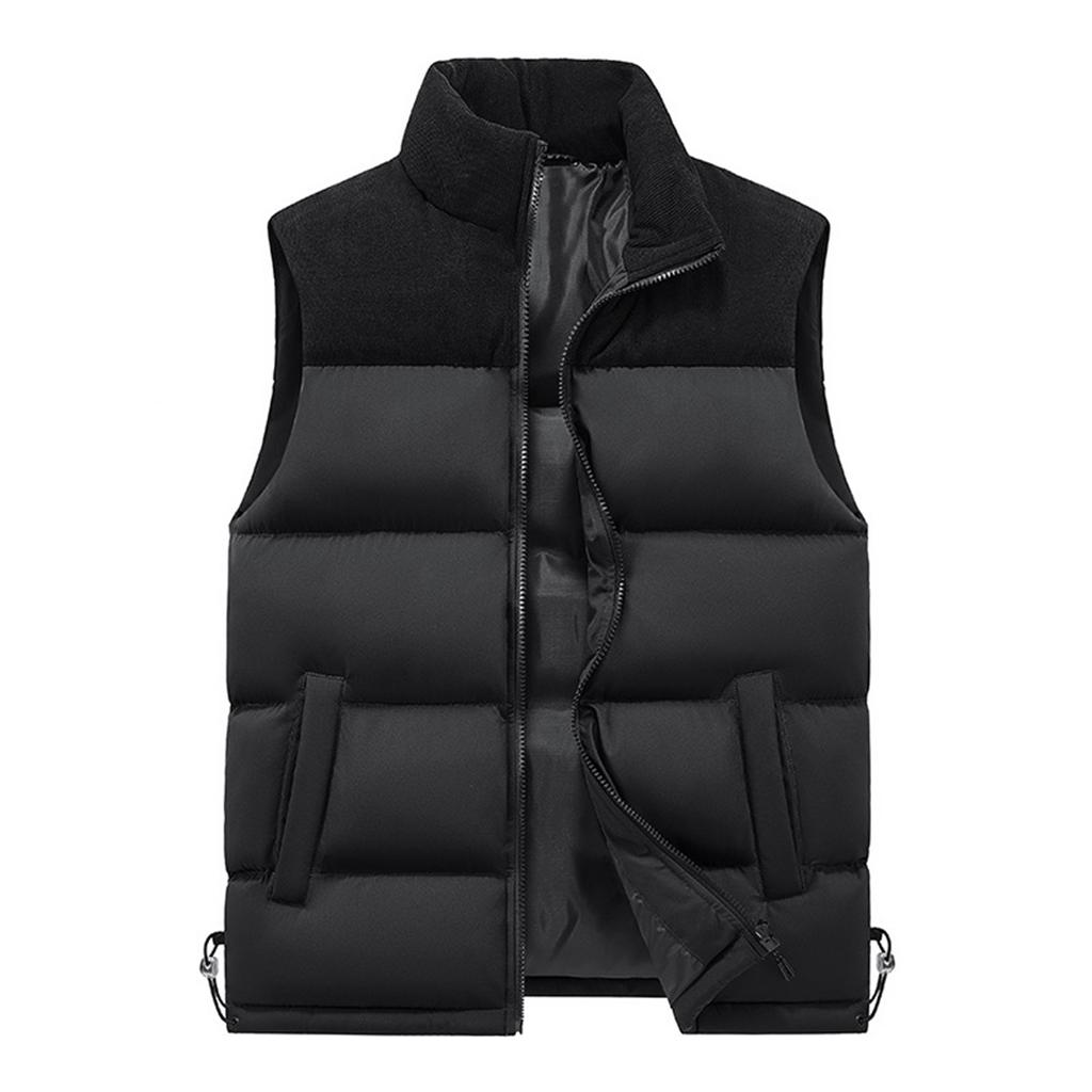 Men's Corduroy Patchwork Zipper Vest Stand Collar Sleeveless Outdoor Casual Warm Vest Jacket
