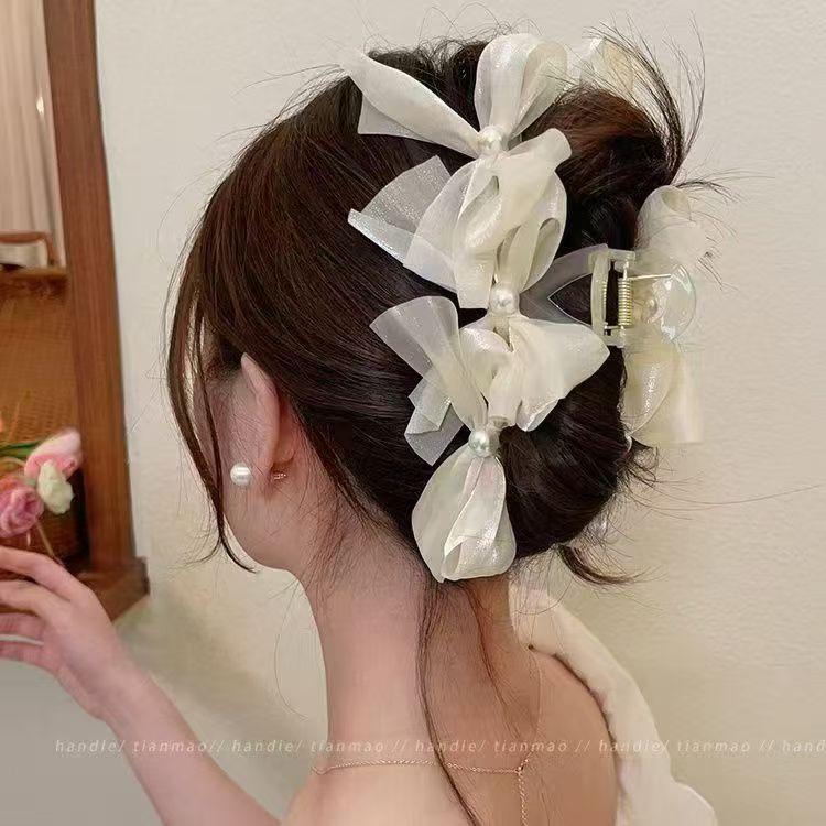 Elegant Faux Pearl Tassel Hair Clip with Bow for Women - Chic Updo Accessory