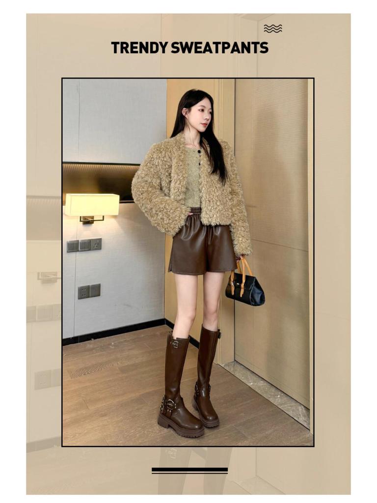 Women's PU Leather High-Waist Bootcut Shorts - 2024 Autumn/Winter Plus Size Fashion