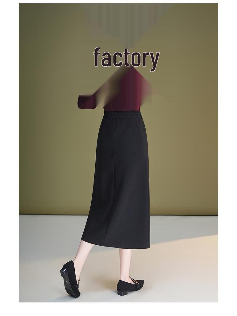 Slim-Fit Stretchy Black High-Waist Slit Midi Skirt for Women