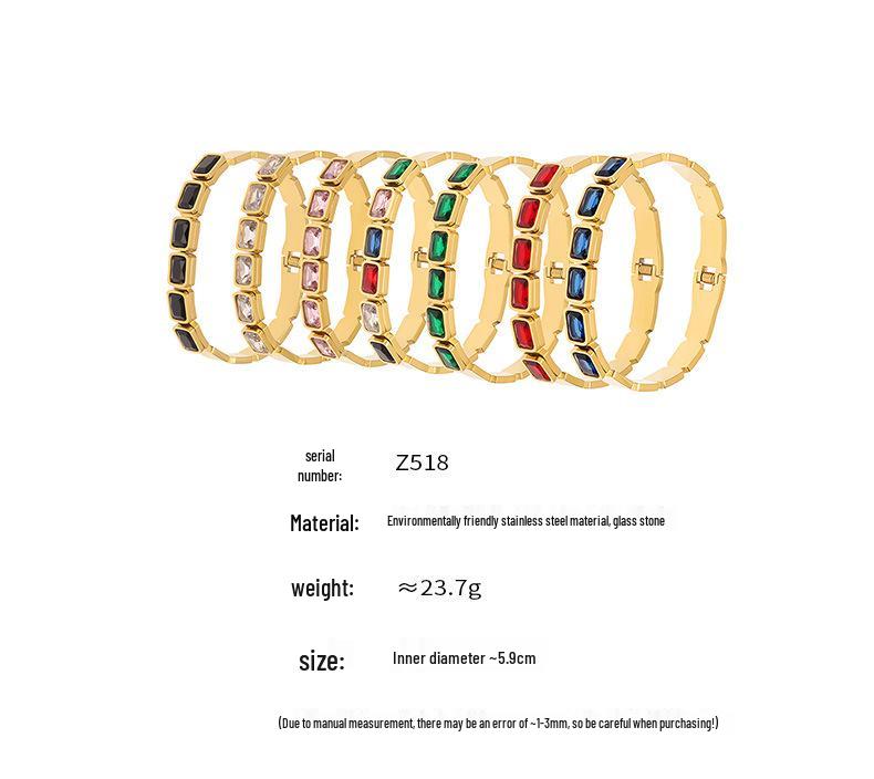 18K Gold Plated Stainless Steel Bracelet with Square Colored Glass Stones In Trendy European and American Niche Design - Fade Resistant.